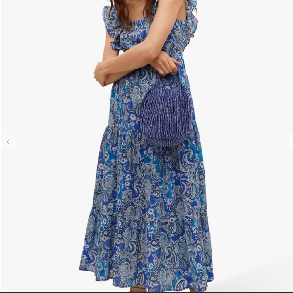 Mango Blue Paisley Print Flutter Sleeve Tie Back Maxi Dress Size 6
